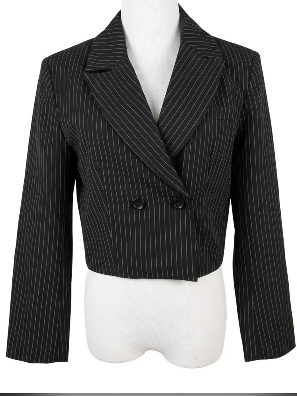 Elan Black Pinstripe Cropped Double-Breasted Blazer Size M
